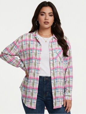 FREE PEOPLE | WE THE FREE Watercolor Plaid Button Down Shirt Women’s Size Small